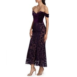 Marchesa Notte Off-the-Shoulder Velvet Lace Dress